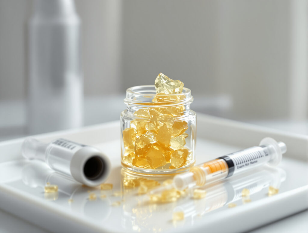 Cannabis-Extrakt in Glasdose neben Dosierspritze auf medizinischem Tablett