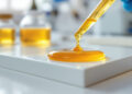 Cannabis-Extrakt wird mit Pipette auf Laborfläche dosiert