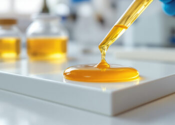 Cannabis-Extrakt wird mit Pipette auf Laborfläche dosiert
