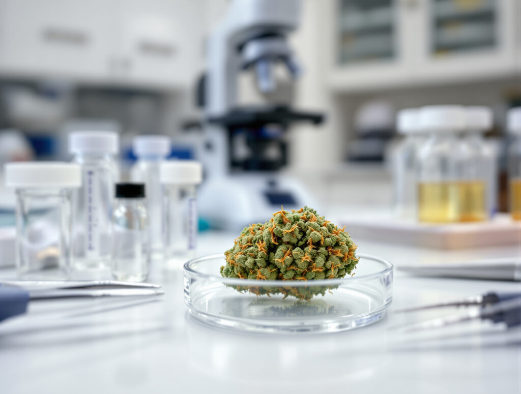 Cannabisblüte in Petrischale zur Qualitätsprüfung im Labor