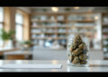Cannabisblüten in Glasgefäß auf Apothekentheke in heller, moderner Umgebung