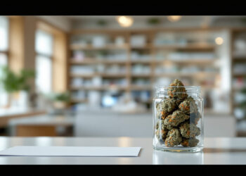 Cannabisblüten in Glasgefäß auf Apothekentheke in heller, moderner Umgebung