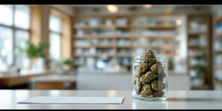 Cannabisblüten in Glasgefäß auf Apothekentheke in heller, moderner Umgebung