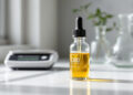 CBD-Isolat-Flasche auf Labortisch neben Präzisionswaage