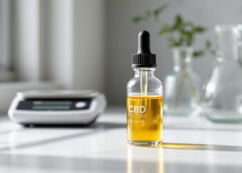 CBD-Isolat-Flasche auf Labortisch neben Präzisionswaage