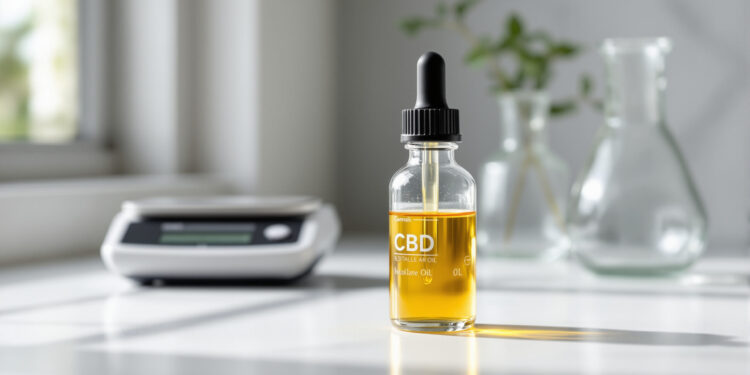 CBD-Isolat-Flasche auf Labortisch neben Präzisionswaage