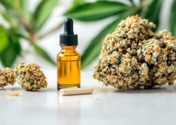 CBD-Öl-Flasche und Cannabis-Blüte neben einem Joint – zwei Cannabinoid-Profile im Vergleich