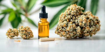CBD-Öl-Flasche und Cannabis-Blüte neben einem Joint – zwei Cannabinoid-Profile im Vergleich