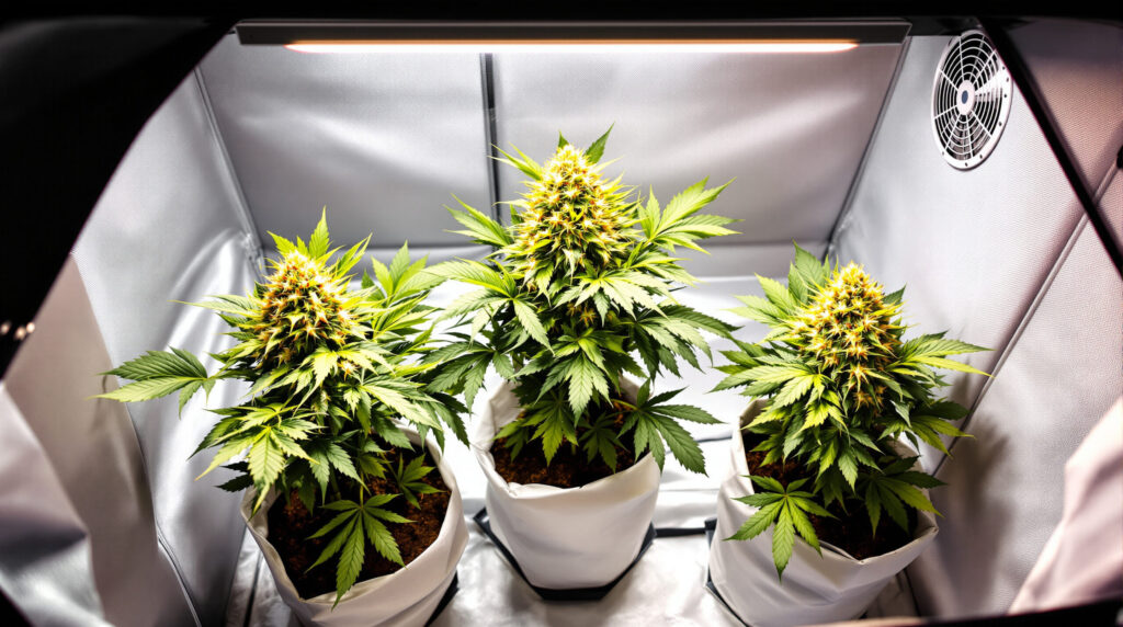Drei blühende Cannabis-Pflanzen in häuslichem Anbauzelt