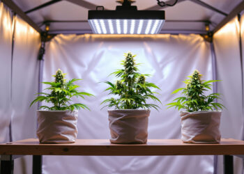 Drei blühende Cannabispflanzen in einem Indoor-Anbauzelt unter LED-Licht