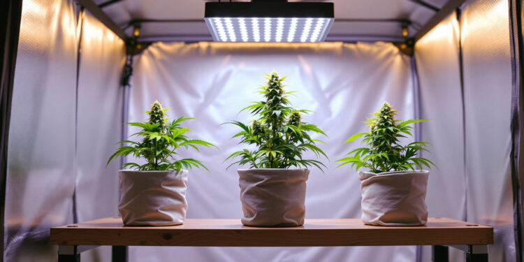 Drei blühende Cannabispflanzen in einem Indoor-Anbauzelt unter LED-Licht