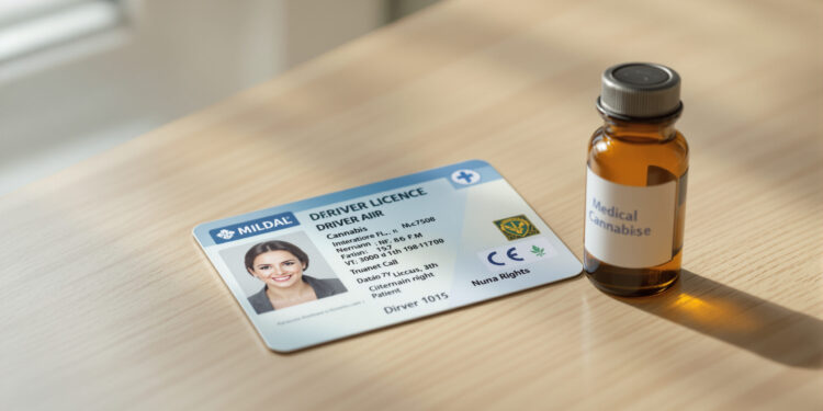 Führerschein neben medizinischer Cannabisflasche auf Holztisch