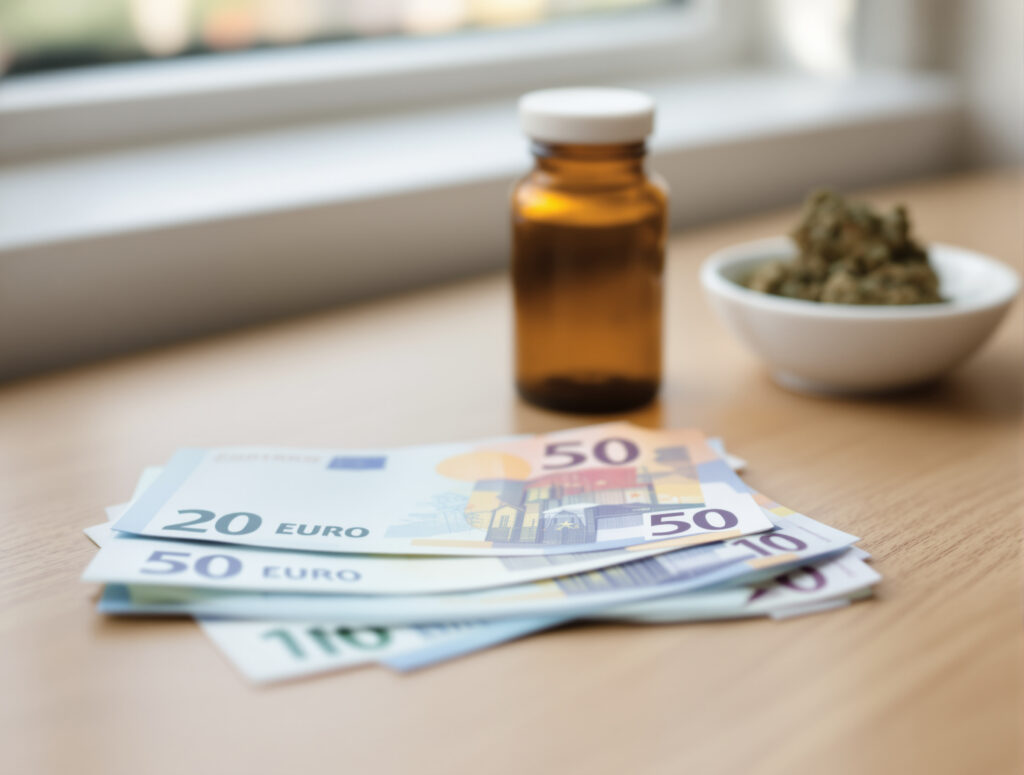 Geldscheine neben leerer Medizinflasche – hohe Kosten für Cannabistherapie
