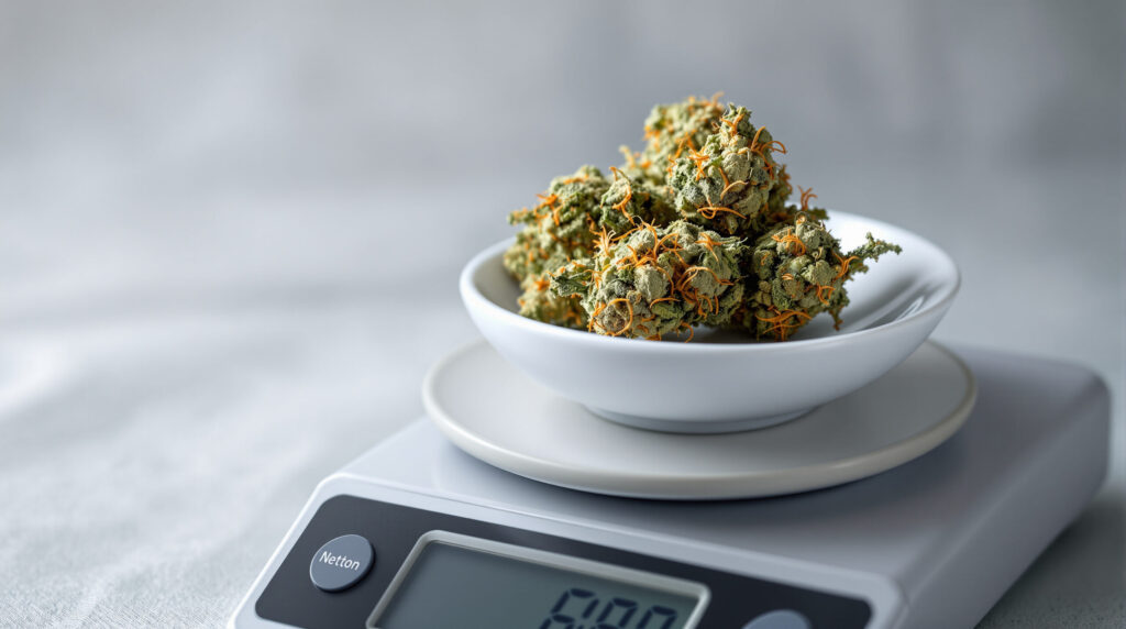Getrocknete Cannabisblüten auf Apothekenwaage