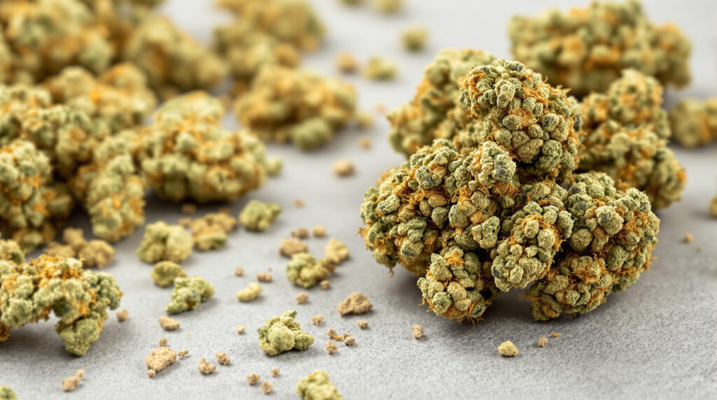 Getrocknete Cannabisblüten in unverarbeitetem Zustand auf Steinoberfläche