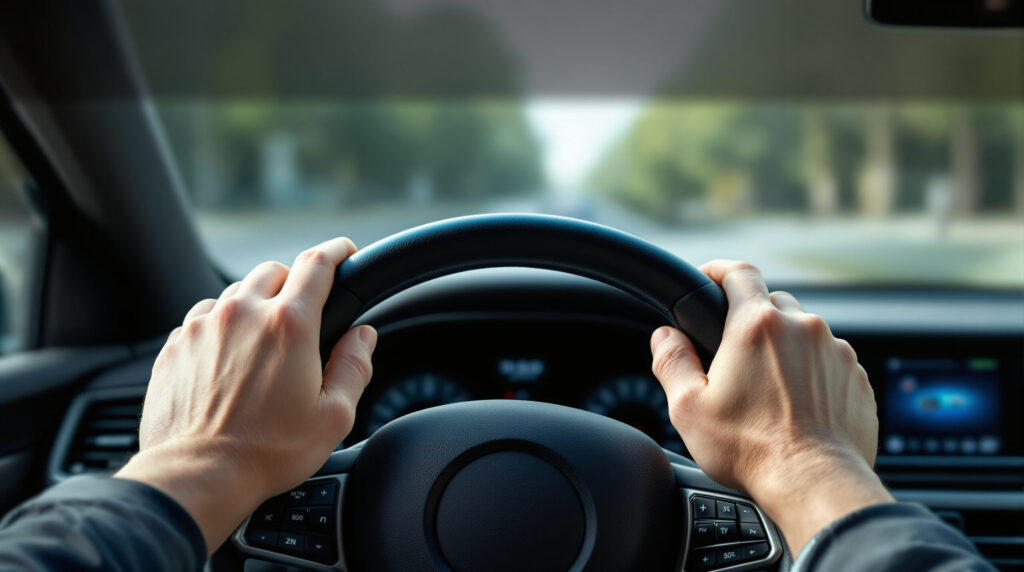 Hände am Lenkrad eines Autos, Innenansicht Fahrerposition