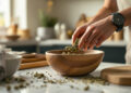 Hände bereiten Cannabis-Speisen in Küche zu, Zutaten auf Marmorarbeitsplatte