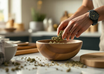 Hände bereiten Cannabis-Speisen in Küche zu, Zutaten auf Marmorarbeitsplatte