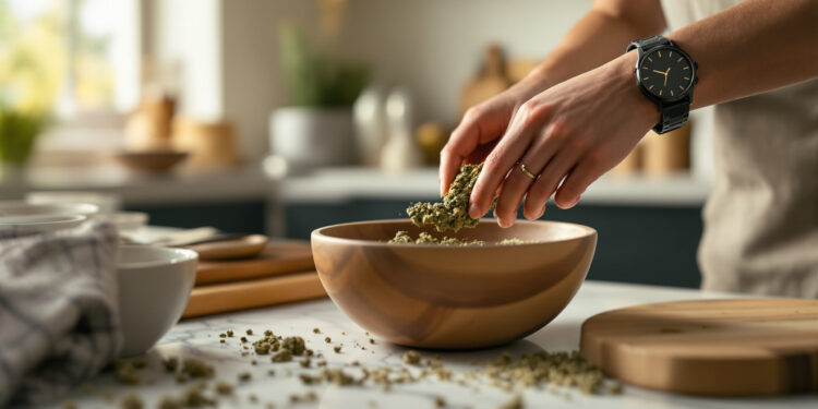 Hände bereiten Cannabis-Speisen in Küche zu, Zutaten auf Marmorarbeitsplatte