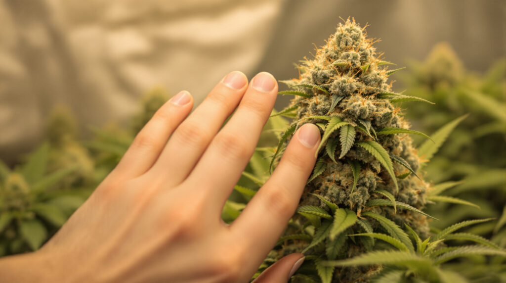 Hand berührt eine blühende Cannabis-Pflanze – Symptomlinderung im Fokus