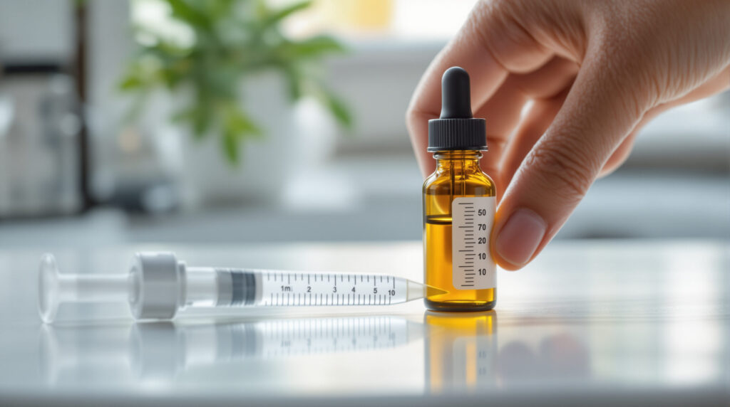 Hand hält Dosierfläschchen neben einer medizinischen Dosierspritze