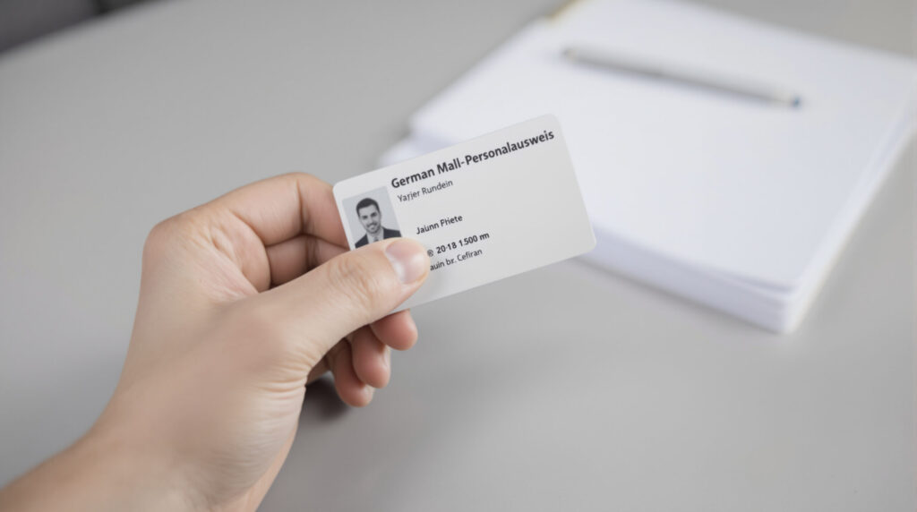 Hand hält Personalausweis zur Sichtkontrolle über Schreibtisch