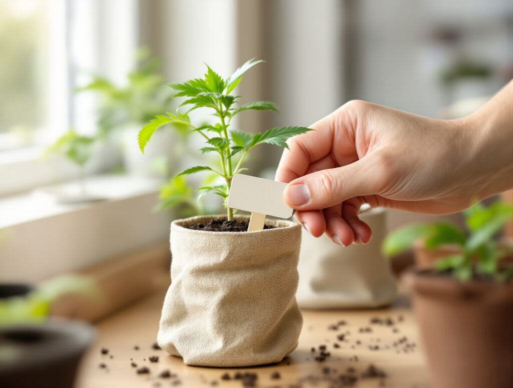 Hand markiert Cannabis-Setzling mit neutralem Pflanzstecker