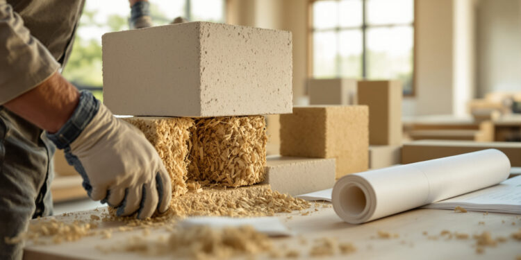 Handwerker fügt Hanfkalk-Bausteine zu einer Wand zusammen