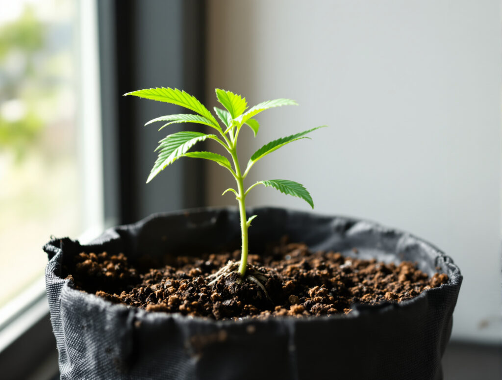 Junger eingepflanzter Cannabis-Setzling im Topf mit erkennbarer Wurzelbildung