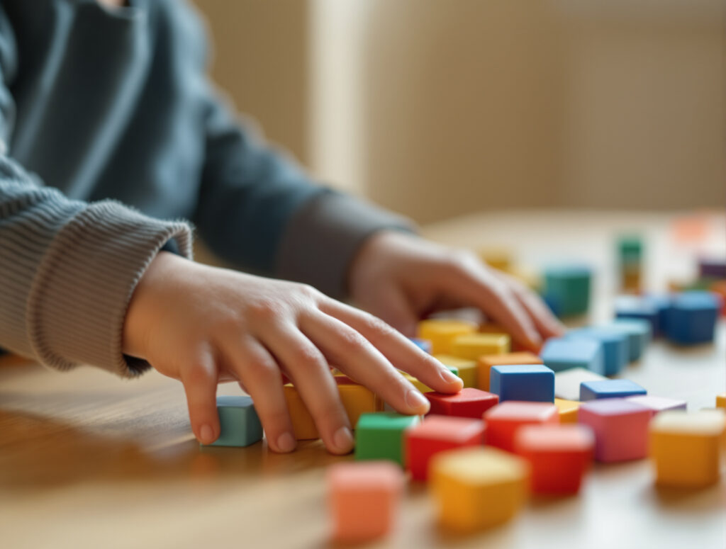 Kinderhände bei therapeutischer Spielaktivität mit Holzbausteinen