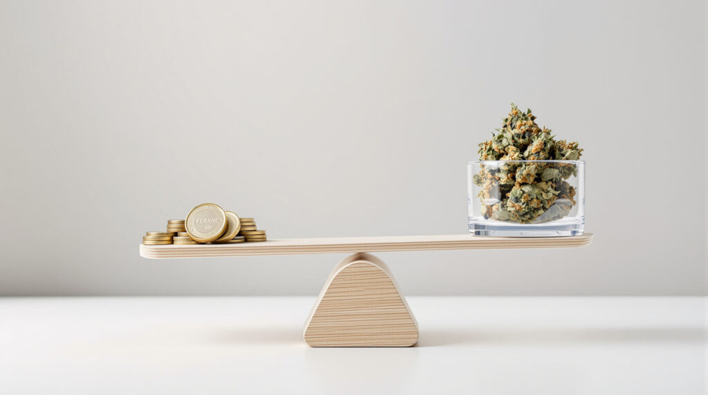 Konzeptbild von Münzen und Cannabisprodukt als Metapher für Preispolitik