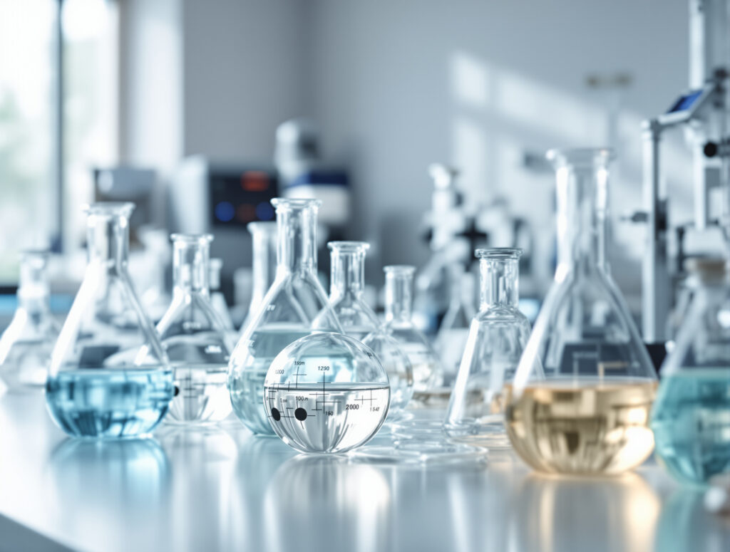 Laborglas auf einer hellen Laborbank in wissenschaftlichem Forschungsumfeld