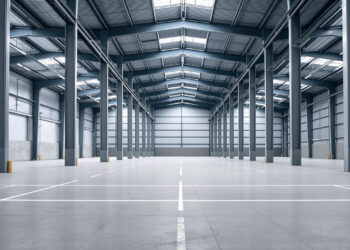 Leere Industriehalle mit Betonboden und Stahlträgern