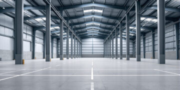 Leere Industriehalle mit Betonboden und Stahlträgern