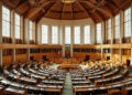 Leerer deutscher Plenarsaal mit Holzbänken und Tageslicht