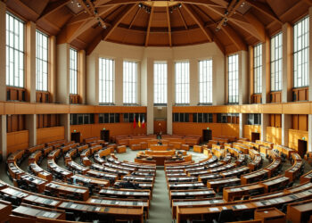 Leerer deutscher Plenarsaal mit Holzbänken und Tageslicht