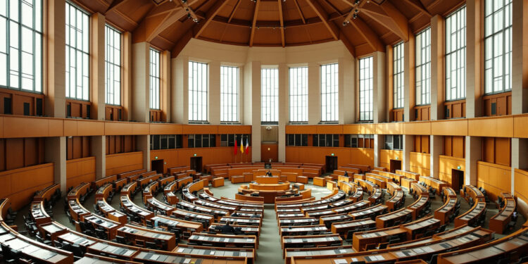 Leerer deutscher Plenarsaal mit Holzbänken und Tageslicht
