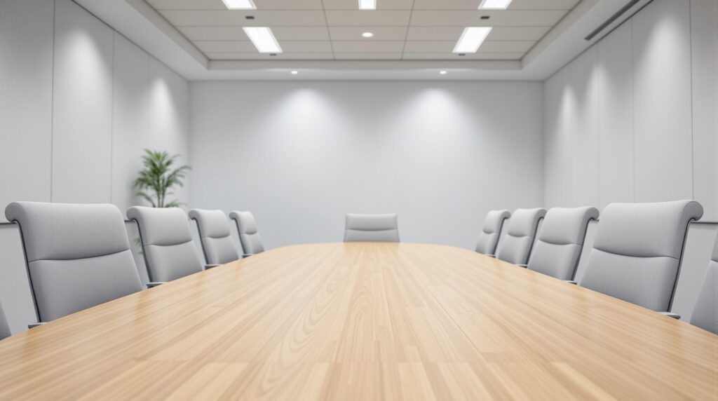 Leerer Konferenzraum mit Stühlen um ovalen Tisch, institutionelles Setting