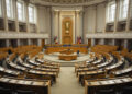Leerer Plenarsaal des Deutschen Bundestags mit Tageslicht