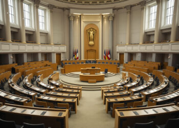Leerer Plenarsaal des Deutschen Bundestags mit Tageslicht