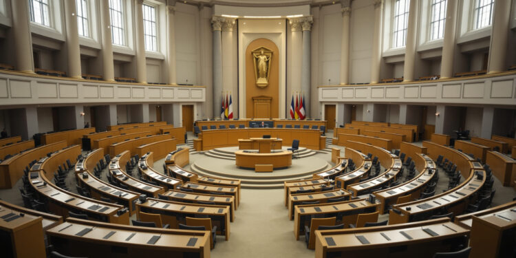Leerer Plenarsaal des Deutschen Bundestags mit Tageslicht