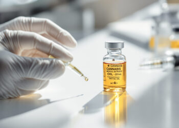 Medizinischer Cannabisextrakt in Glasflasche auf Labortisch
