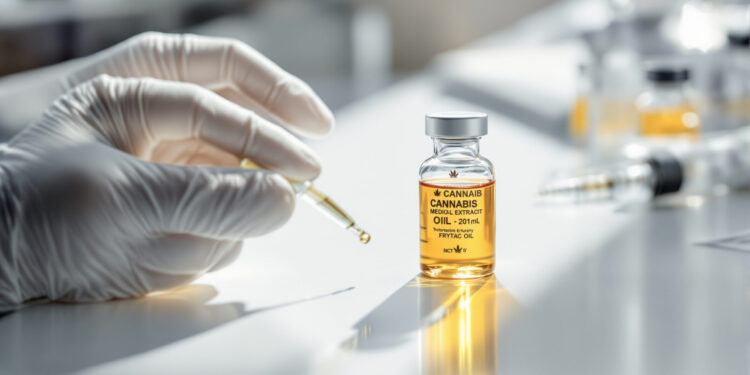 Medizinischer Cannabisextrakt in Glasflasche auf Labortisch