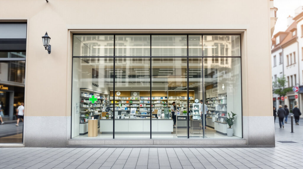 Moderne Schweizer Apothekenfassade mit grünem Kreuz bei Tageslicht in städtischer Umgebung