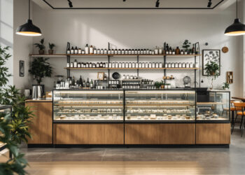 Moderner niederländischer Coffeeshop-Verkaufsraum mit Glasvitrinen