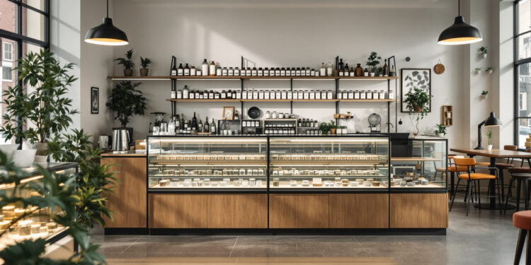 Moderner niederländischer Coffeeshop-Verkaufsraum mit Glasvitrinen