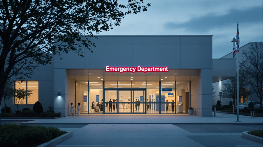 Notaufnahme eines deutschen Krankenhauses in der Dämmerung