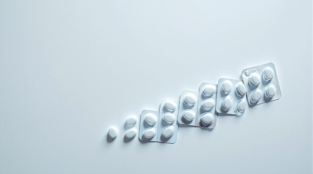 Opioid-Tabletten in Blisterpackungen in abnehmender Menge angeordnet