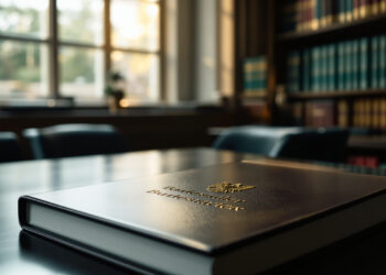 Parlamentarischer Dokumentenordner auf Schreibtisch im Regierungsgebäude