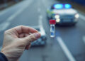 Polizeihand hält Blutproben-Röhrchen bei Verkehrskontrolle
